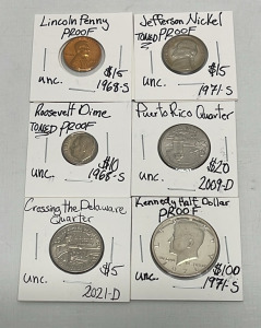 (6) Uncirculated Coins&hellip; 1968-S Lincoln Penny Proof, 1971-S Jefferson Nickel Proof, 1968-S Roosevelt Dime, 2009-D Puerto Rico Quarter, 2021-D Crossing The Delaware, 1971-S Kennedy Half Dollar (Carded)