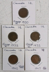 (5) Canadian 1&cent; Coins - George V & VI 1920 to 1947