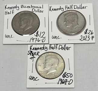 (3) Uncirculated Half Dollars&hellip; 1976-D Kennedy Bicentennial, 2023-P Kennedy, And 1969-D Kennedy (Carded)