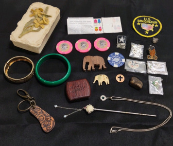 An 11" Emerald Winchester-40-S8W-Bullet Bottom-Snake Bone Chain Necklace, (7) Assorted Metal Pins, Pearl & Metal Sceptar w/ Assorted Gems, & Much More!!