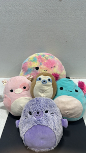 (5) Collection of Various Squishmallows Plushies Including - 16&rdquo; Octopus, 12&rdquo; Cow, 12&rdquo; Axelotl, 12&rdquo; Seal, 8&rdquo; Sloth