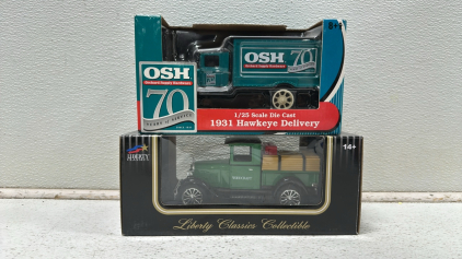 (1) Vintage OSH 1/25 Scale 1931 Hawkeye Delivery Die-Cast Model, Liberty Classics Woodcraft 1928 Chevrolet Pickup Die-Cast Model