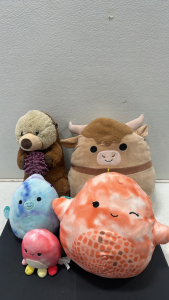 (4) Collection of Various Squishmallows Plushies Including - 18&rdquo; Bull, 12&rdquo; Starfish, 10&rdquo; Dragon, 6&rdquo; Octopus, Otter with Toy Plushie