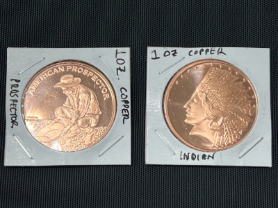 (2) 1oz Copper Round Prospector And Indian Coins