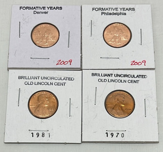 (4) Lincoln Head Pennies Dated 1970, 1981, And 2009 (Carded)