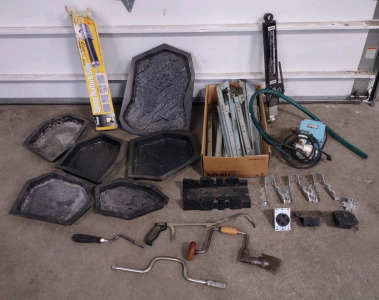 Box Full of Assorted Drawer Slides (25+), Concrete Molding Tools, a Spray Texture Gun, a Water Pump, & Much More