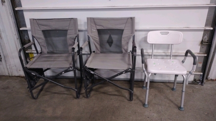(2) Foldable Square Camping Chairs w/ Tray & Cupholders & (1) Medical Shower Chair w/ Handles