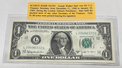 1963 $1.00 Dollar Bill &ldquo;Scarce Joseph Walker Barr&rdquo; (Sleeved)