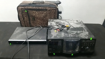 Philip's Blu-Ray Player, JVC Compact Disc Automatic Changer, Leopard Print Suitcase