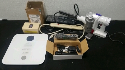 (1) AVE WM-308G Mic and Items, Dyson Hand Vaccum, Extension Ports, Weight Scale, Box of CD's