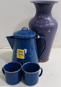 (4) Assorted Items - (1) Cinsa Blue Enamel Coffee Pot (2) Cinsa Blue Enamel Mugs (1) Purple Embossed Vase