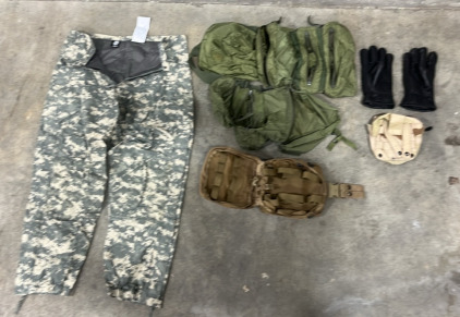 (1) Army Issued Pants (4) Various Sizes of Military Bags (1) Pair of Gloves