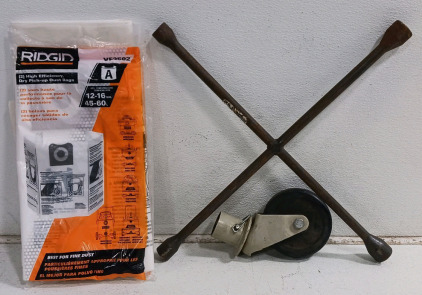 (7) Assorted Items - (5) Ridgid VF3502 Dust Bag (1) Cross Lug Wrench (1) Swivel Caster Wheel