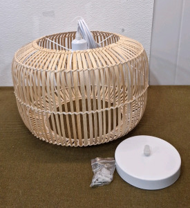 (1) Light Yellow, Bamboo Cage Pendant Light, 14" Diameter, 10" Tall