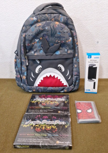 (1) Kids Shark Backpack, (1) PS Portal Console Stand / Charger, (2) 12-Piece Acrylic Paint Pen Sets & (1) Spiderman Themed Wallet <br/>
