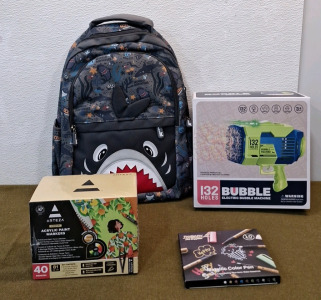 (1) Kids Shark Backpack, (1) 40-Piece Acrylic Paint Pen Set, (1) 10-Piece Metallic Color Pen Set & (1) Electric Bubble Machine