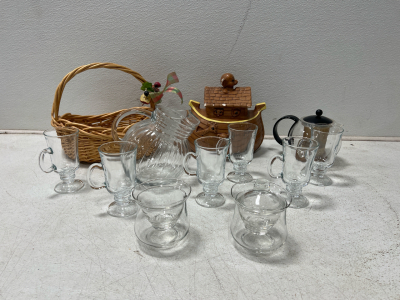 Assorted Kitchenware- Noahs Ark Cookie Jar, Glass Cups, Coffee Cups, And More