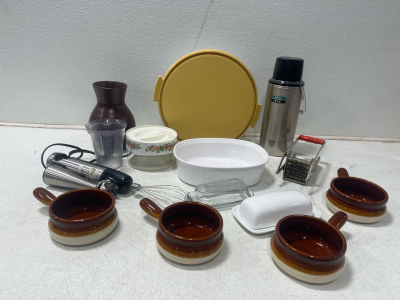 Assorted Kitchen Items- Thermos, Cuisinart Hand Mixer, Ceramic Dishes And More