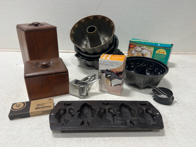 Assorted Kitchenware- Cast Iron Fish Mold Pan, Cake Pans, Cheese Grater And More
