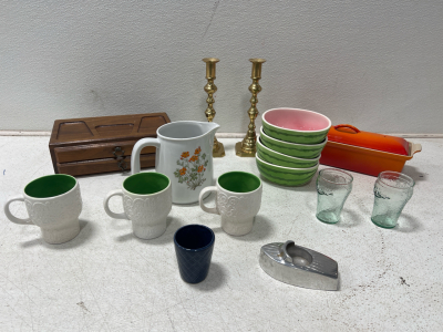 Assorted Kitchenware- Candlesticks, Cups, Bowls, Wooden Jewelry Box, And More