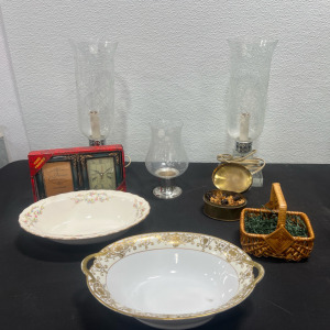 Assorted Vintage Home Decor Items- Candle Holder, Glass Dishes, And More