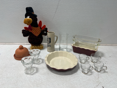 Assorted Kitchenware- Pyrex Glass Dishes, Pie Dish, Cups, And More