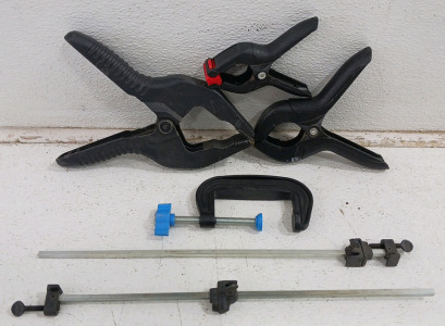 (6) Versatile Clamps & Bars - (3) Black Spring Clamps (1) Small Plastic C-Clamp (2) Metal Bar Clamps