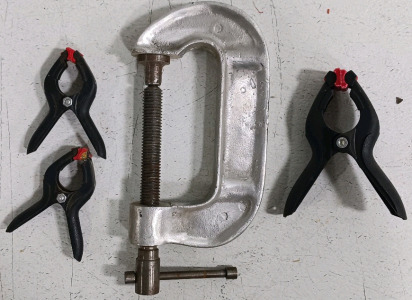 (4) Assorted Clamps - (1) Large Heavy-Duty C-Clamp - D.L. (3) Wolfcraft Spring Clamps