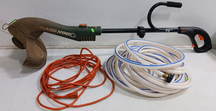 (3) Outdoor Essentials - (1) Grass Hog Electric Trimmer - Functional! (1) 15+ ft Hose (1) Extension Cord