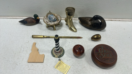 Miniature Brass Globe, Miniature Brass Boot, Brass Duck Table Decor, Mallard Duck Wall Decor, Brass Egg Table Decor, Wooden Apple Decor, Cape Hatteras Lighthouse, and More