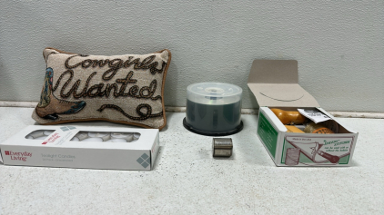 Vintage Pocket Magnifying Glass, Speedy Stitcher Sewing Tool, Stack of Blank CDs, (24) Tea Light Candles, Cowgirl Wanted Throw Pillow