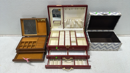 Red and Blue Wooden Jewlery Box (15&rdquo; x 10&rdquo; x 6.5&rdquo;), Brown Wooden Jewelry Music Box (11&rdquo; x 7.5&rdquo; x 4.5&rdquo;), Latching Chest (12&rdquo; x 8&rdquo; x 6&rdquo;)