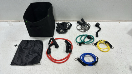 (5) Various Size and Weight Tube Resistance Bands, (1) Black Wire Jumprope, (1) Black Carrying Bag, (1) Black Canvas Tote
