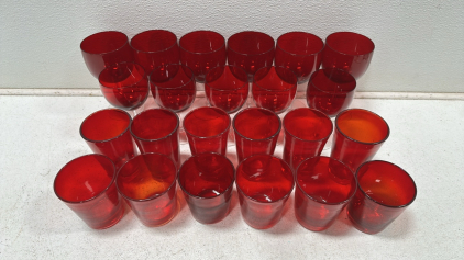 Large Assortment of Red Glass Cups - Large and Small Wine Glasses, Tall and Short Drink Cups