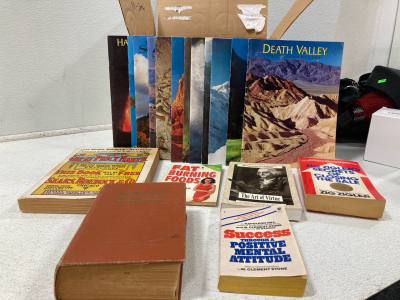 Assortment of (1) Merriam Webster Dictionary, (5) Various Books, (12) Outdoors Magazines and More