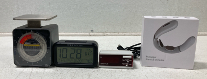 (2) Alarm Clocks, (1) Vintage Scale, (1) Neck Massager