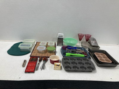 (8) Plate Mats, Glass Tupperware, Cooking Pans & Utensils