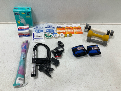 First Aid Supplies, Shake Weight, (2) Small Dumbbells, (2) Leg Weights, LED Lights & More