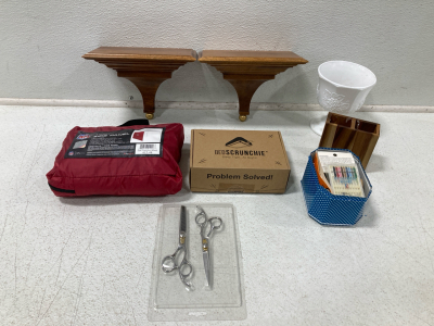 (2) Wood Wall Shelves, (1) NFL Tent Side Panel, (1) Bed Scrunchie, (2) Hair Trimming Scissors, (1) Tin Of Sewing Supplies, & More