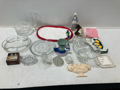 Antique Crystal Candy Dishes, Vintage Silver Plated Salt & Pepper Shakers, Porcelain Doll & More