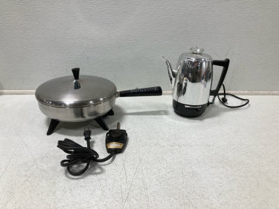 (1) Vintage Farberware Stainless Steel Electric Fry Pan Model 300-A w/Lid & Cord, (1) Vintage General Electric Coffee Maker