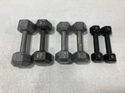 (2) 15 lbs Dumbbells, (2) 10 lbs Dumbbells, (2) 5 lbs Dumbbells