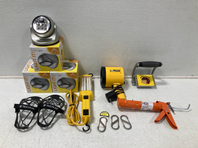 (3) Wireless LED Porch Lights, (2) Wired Work Lights, Caulk Gun, Gorilla Gripper, (3) S-Carabiners, (2) Ice Traction Cleats