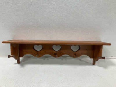 Vintage Wood Heart Wall Shelf w/ Coat Hooks