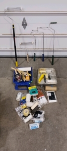 (1) Painting Supplies Lot - Rollers Trays & Brushes (1) Rubbermaid Rough Tote w/ Hinges Lid & More!