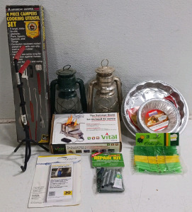 (9) Camping Essentials - (1) Camp Stove (2) Lanterns (1) Cooking Utensil Set (1) Pie Tin Set (1) Water Filter Kit (1) Repair Kit (1) Clothes Pin Set (1) Survival Stove