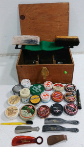 (25+) Shoe Care & Polishing Items - (17) Shoe Polish Tins (5) Shoe Horns (2) Brushes (1) Polishing Buffer (1) Polishing Box