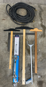 (4) Speed Squares - Various Sizes (3) Grab Bars (2) Pressure Washer Hoses - Length Unknown (1) Extended Reach Grabber