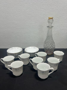 Set of &ldquo;Fine Porcelain China Diane Japan&rdquo;- Plates, Teacups, And (1) Vintage Glass Decanter