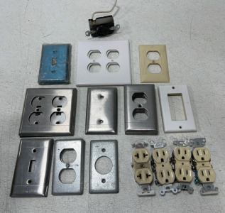 Assortment Of Light Switch Covers- Metal and Plastic And (4) Duplex Outlets